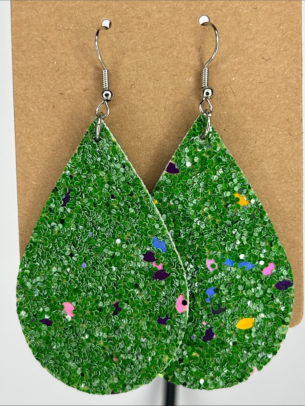Faux Leather Dangle Earrings Green Chunky Sparkles Fashion Jewelry